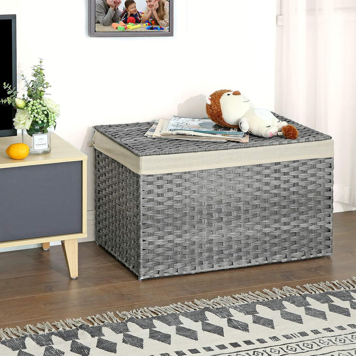 SONGMICS Woven Storage Basket with Lid, 27.7 Gallon (105L), Foldable