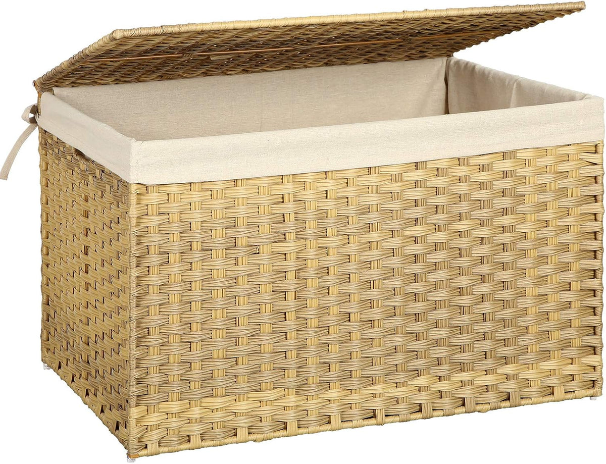 SONGMICS Woven Storage Basket with Lid, 27.7 Gallon (105L), Foldable