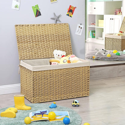 SONGMICS Woven Storage Basket with Lid, 27.7 Gallon (105L), Foldable