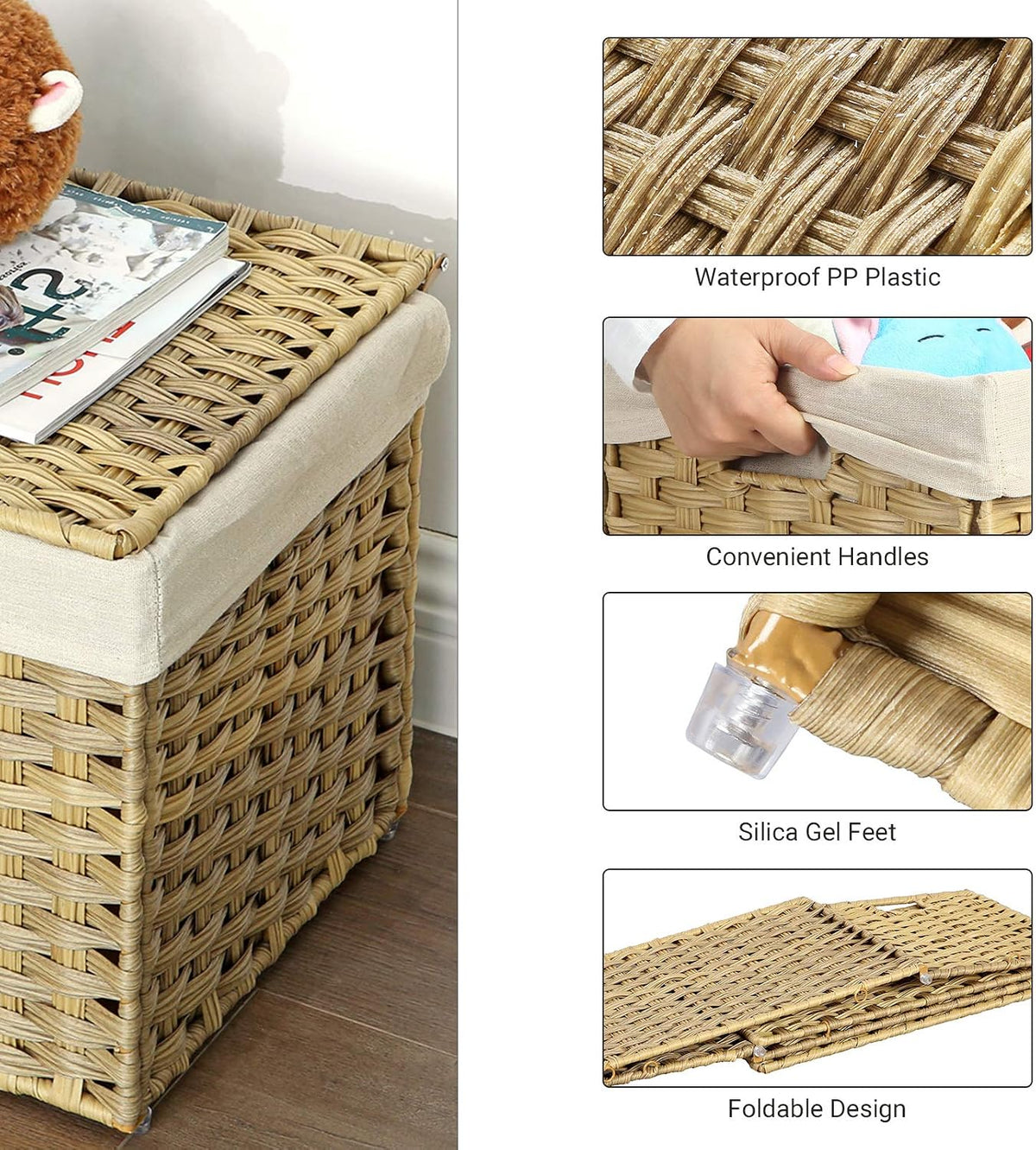 SONGMICS Woven Storage Basket with Lid, 27.7 Gallon (105L), Foldable