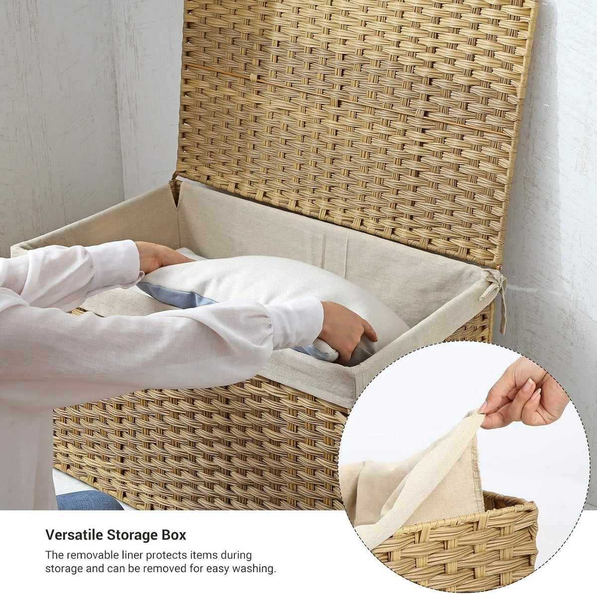 SONGMICS Woven Storage Basket with Lid, 27.7 Gallon (105L), Foldable