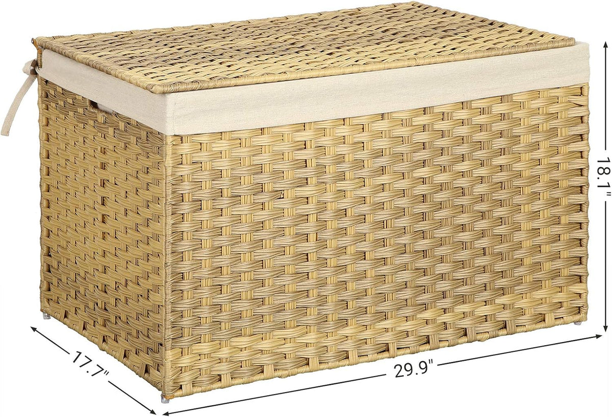 SONGMICS Woven Storage Basket with Lid, 27.7 Gallon (105L), Foldable