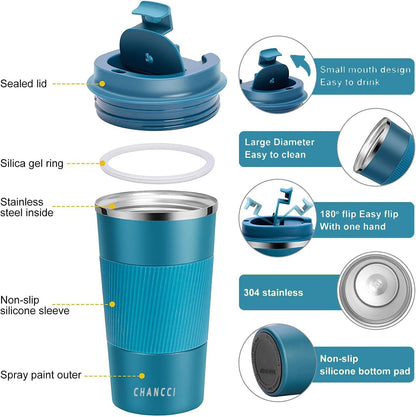 16oz Travel Coffee Mug Spill Proof, Insulated Coffee Mug with Lid, Leakproof Coffee Tumbler,Stainless Steel Vacuum Coffee Cup for Hot/Cold Drinks, Reusable Coffee Cup for Men Women -510ml,Black