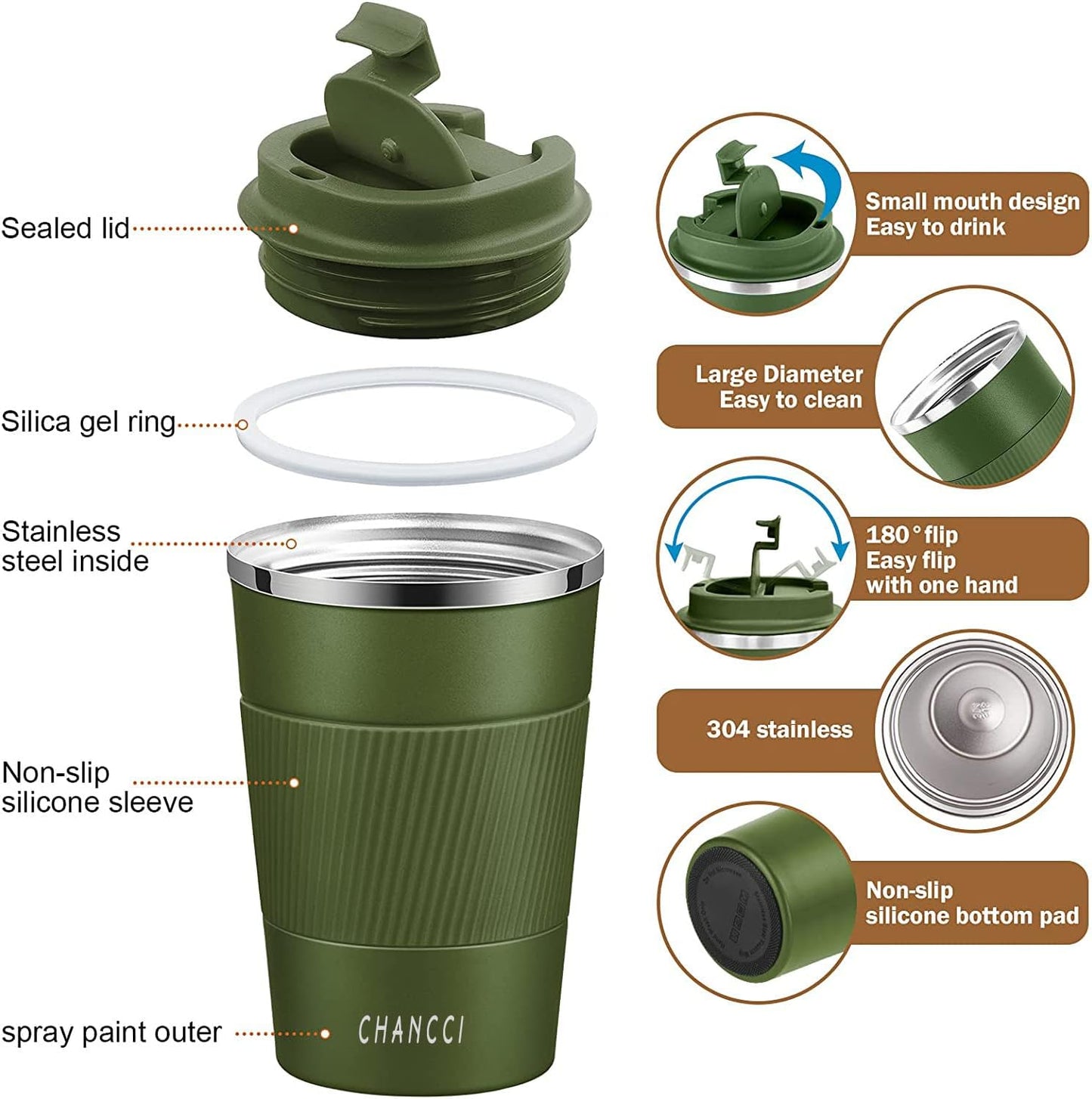16oz Travel Coffee Mug Spill Proof, Insulated Coffee Mug with Lid, Leakproof Coffee Tumbler,Stainless Steel Vacuum Coffee Cup for Hot/Cold Drinks, Reusable Coffee Cup for Men Women -510ml,Black
