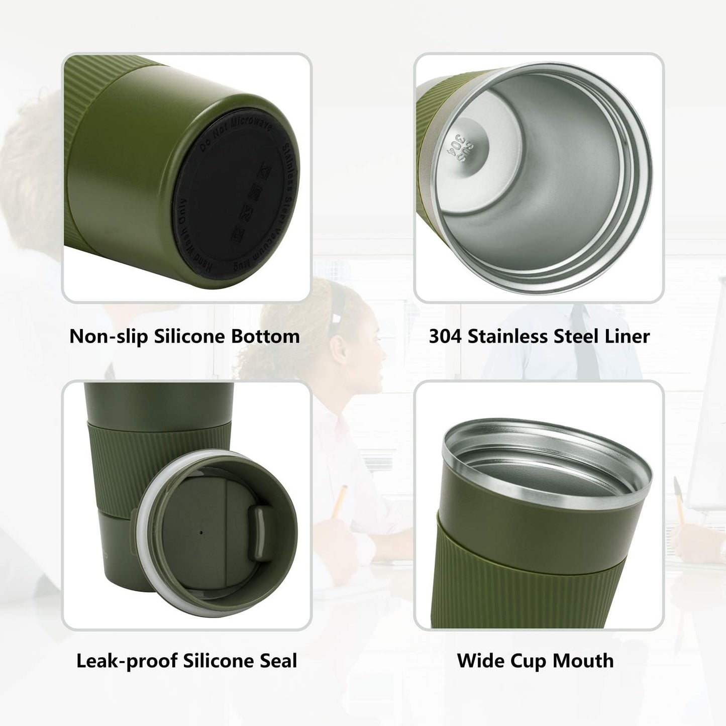 16oz Travel Coffee Mug Spill Proof, Insulated Coffee Mug with Lid, Leakproof Coffee Tumbler,Stainless Steel Vacuum Coffee Cup for Hot/Cold Drinks, Reusable Coffee Cup for Men Women -510ml,Black
