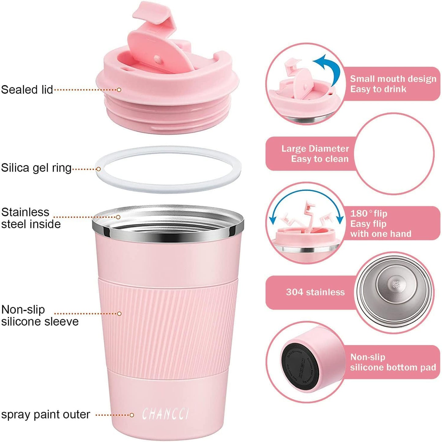 16oz Travel Coffee Mug Spill Proof, Insulated Coffee Mug with Lid, Leakproof Coffee Tumbler,Stainless Steel Vacuum Coffee Cup for Hot/Cold Drinks, Reusable Coffee Cup for Men Women -510ml,Black