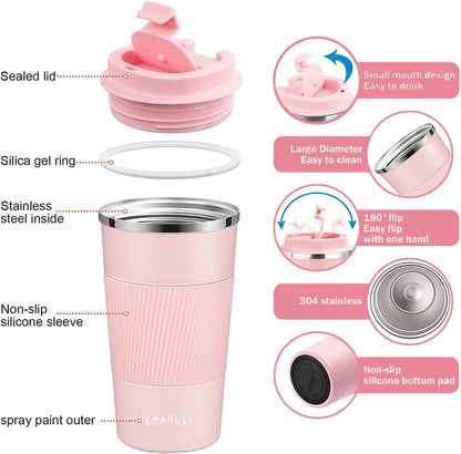 16oz Travel Coffee Mug Spill Proof, Insulated Coffee Mug with Lid, Leakproof Coffee Tumbler,Stainless Steel Vacuum Coffee Cup for Hot/Cold Drinks, Reusable Coffee Cup for Men Women -510ml,Black