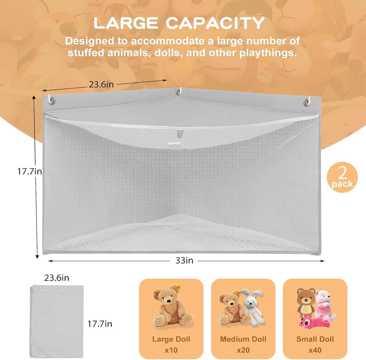 Large Corner Stuffed Animal Storage, White Wall Hammock Toy Net, Gift