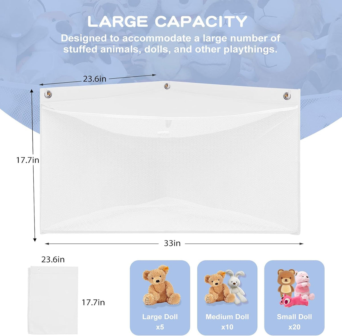 Large Corner Stuffed Animal Storage, White Wall Hammock Toy Net, Gift