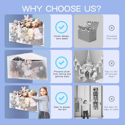 Large Corner Stuffed Animal Storage, White Wall Hammock Toy Net, Gift