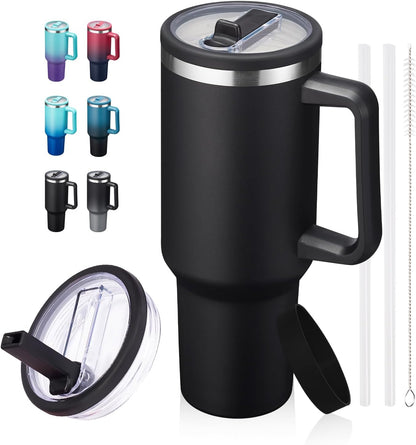 40 oz Leak-Proof Travel Tumbler with Handle & Flip Straw - Insulated Stainless Steel Mug Keeps Drinks Cold 34 Hours & Hot 10 Hours, Water Bottle Fits Car Cup Holder for All-Day Hydration at Work, Gym