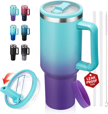 40 oz Leak-Proof Travel Tumbler with Handle & Flip Straw - Insulated Stainless Steel Mug Keeps Drinks Cold 34 Hours & Hot 10 Hours, Water Bottle Fits Car Cup Holder for All-Day Hydration at Work, Gym