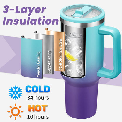 40 oz Leak-Proof Travel Tumbler with Handle & Flip Straw - Insulated Stainless Steel Mug Keeps Drinks Cold 34 Hours & Hot 10 Hours, Water Bottle Fits Car Cup Holder for All-Day Hydration at Work, Gym