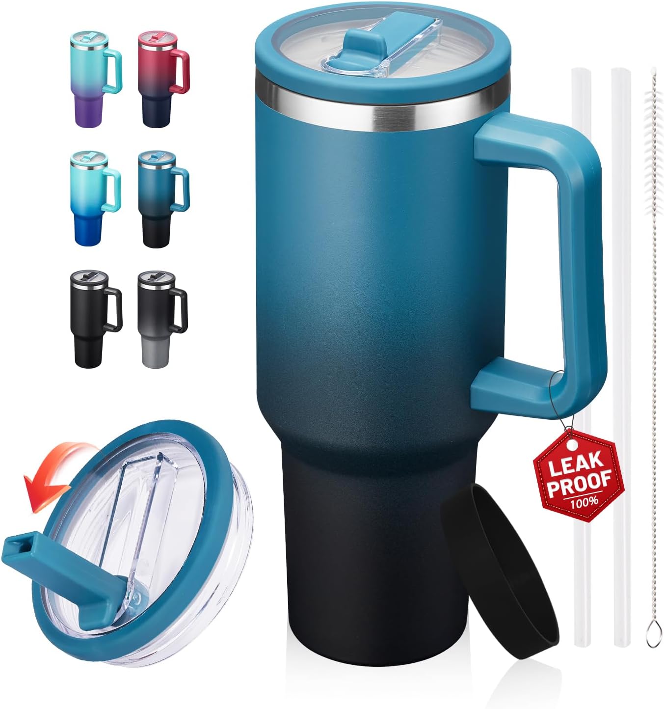 40 oz Leak-Proof Travel Tumbler with Handle & Flip Straw - Insulated Stainless Steel Mug Keeps Drinks Cold 34 Hours & Hot 10 Hours, Water Bottle Fits Car Cup Holder for All-Day Hydration at Work, Gym