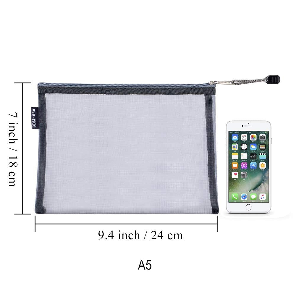 HRX Package 6pcs Mesh Makeup Bags for Travel, 2 Sizes A5 A6 (Black)