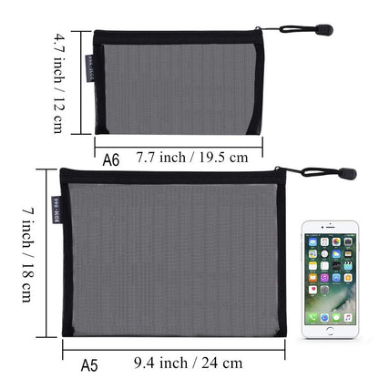 HRX Package 6pcs Mesh Makeup Bags for Travel, 2 Sizes A5 A6 (Black)