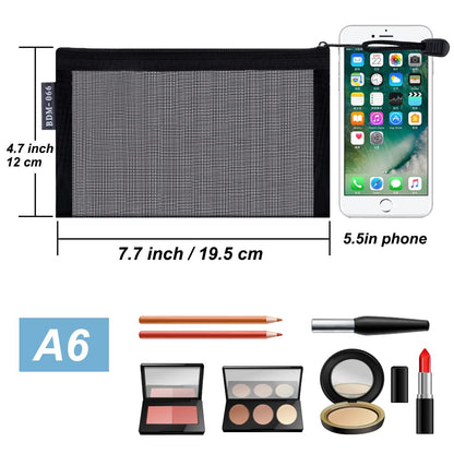 HRX Package 6pcs Mesh Makeup Bags for Travel, 2 Sizes A5 A6 (Black)