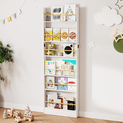 Behind the Door Bookshelf, Wooden Kids Bookshelf 6-Tier Organizer