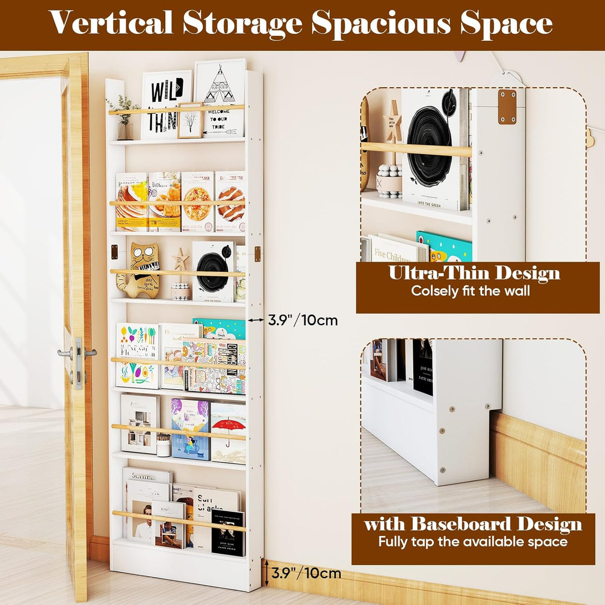 Behind the Door Bookshelf, Wooden Kids Bookshelf 6-Tier Organizer