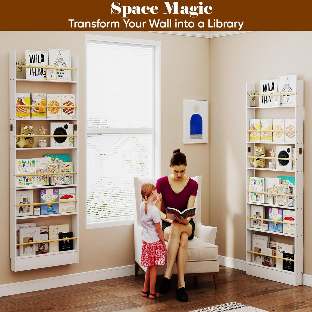 Behind the Door Bookshelf, Wooden Kids Bookshelf 6-Tier Organizer