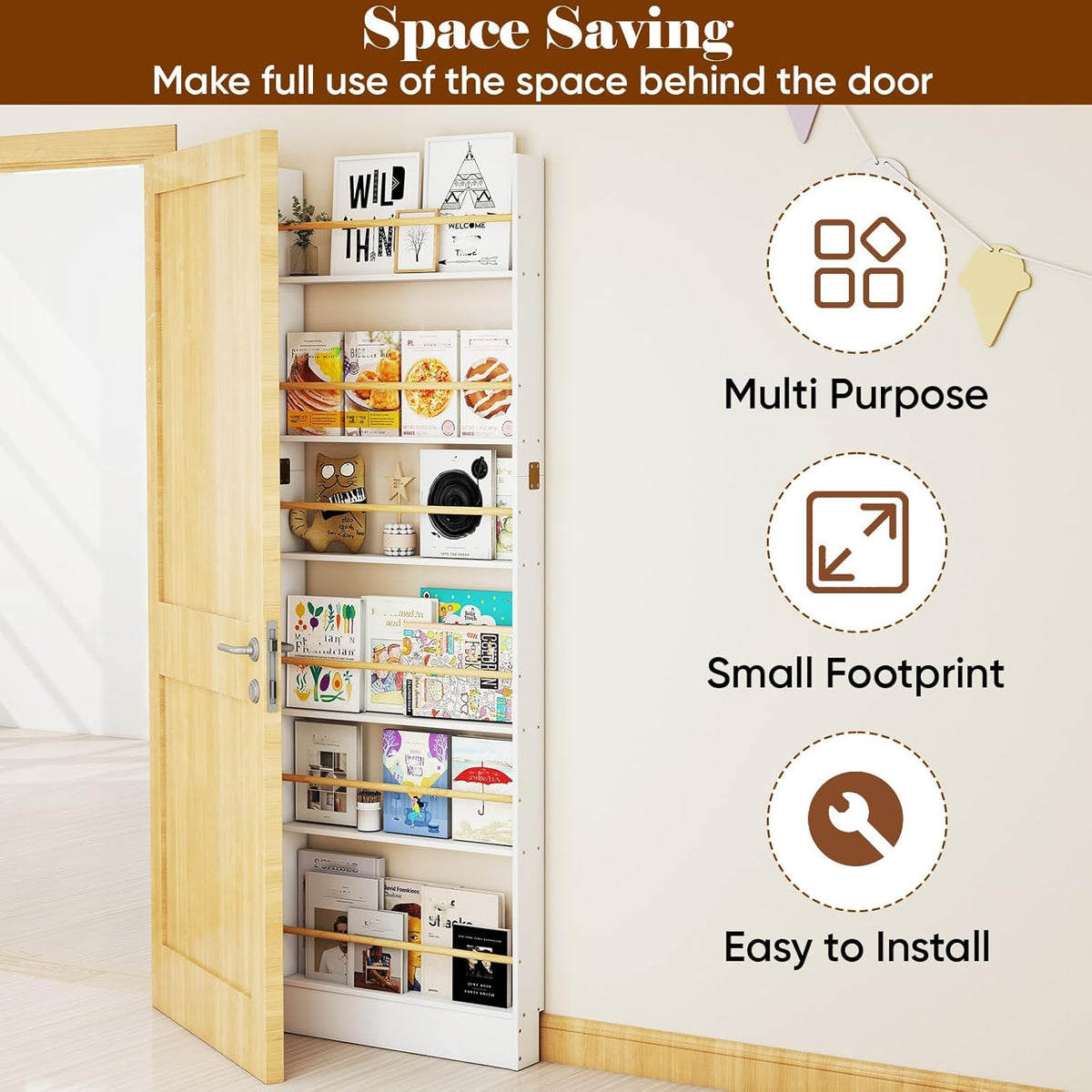 Behind the Door Bookshelf, Wooden Kids Bookshelf 6-Tier Organizer