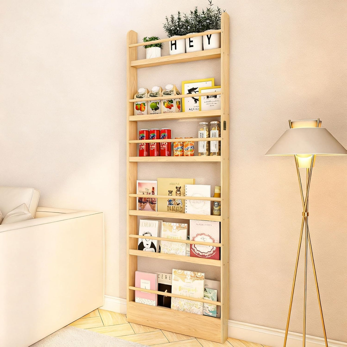 Behind the Door Bookshelf, Wooden Kids Bookshelf 6-Tier Organizer