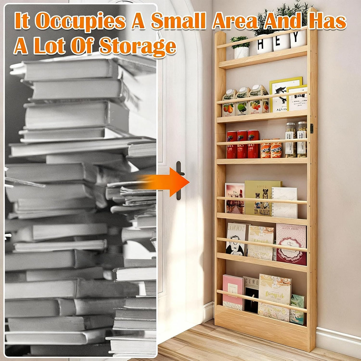Behind the Door Bookshelf, Wooden Kids Bookshelf 6-Tier Organizer