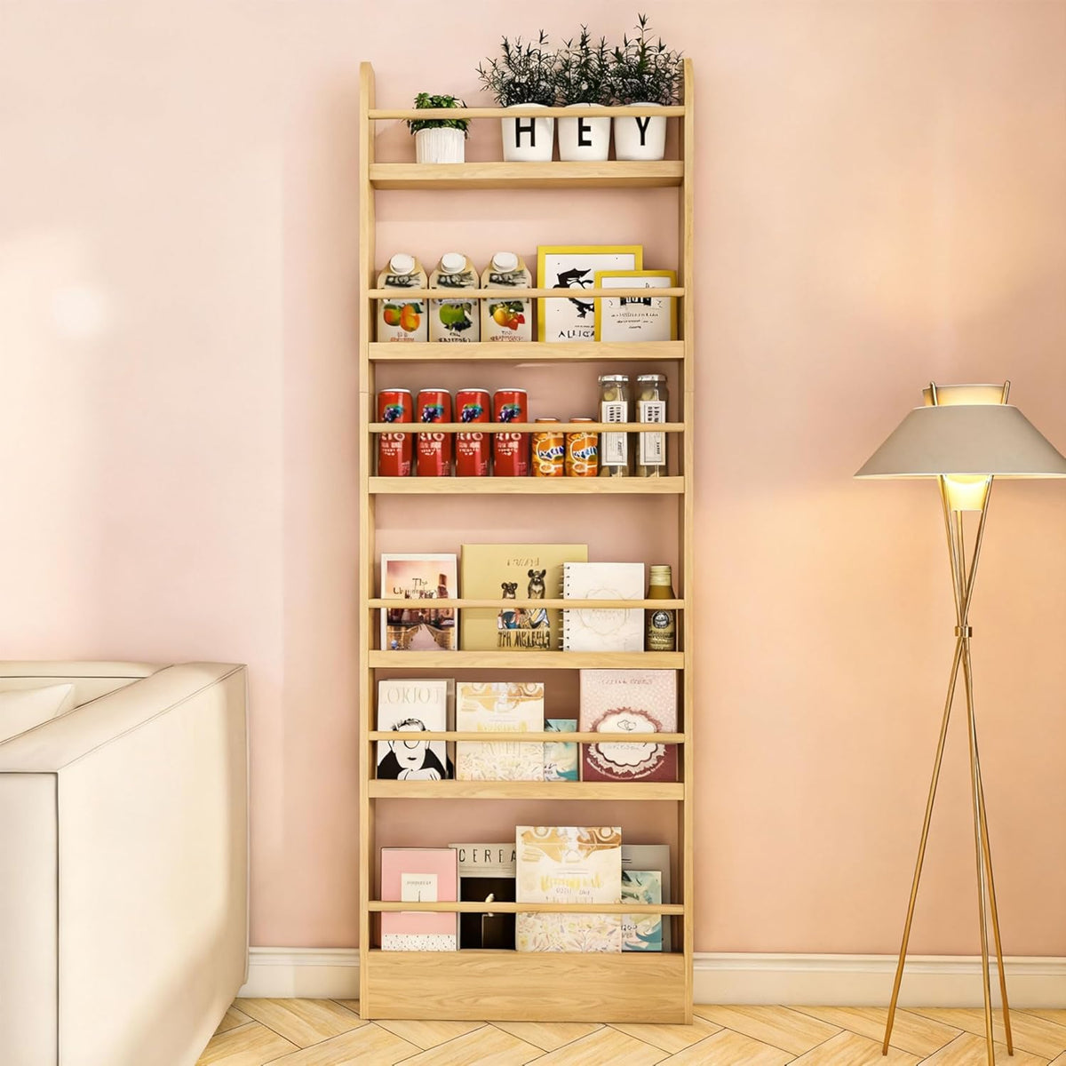Behind the Door Bookshelf, Wooden Kids Bookshelf 6-Tier Organizer