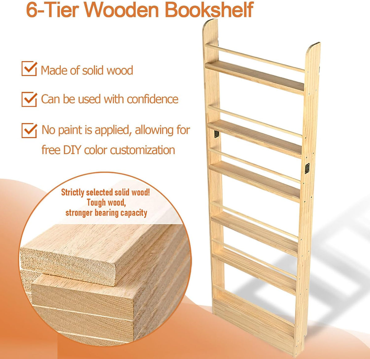 Behind the Door Bookshelf, Wooden Kids Bookshelf 6-Tier Organizer