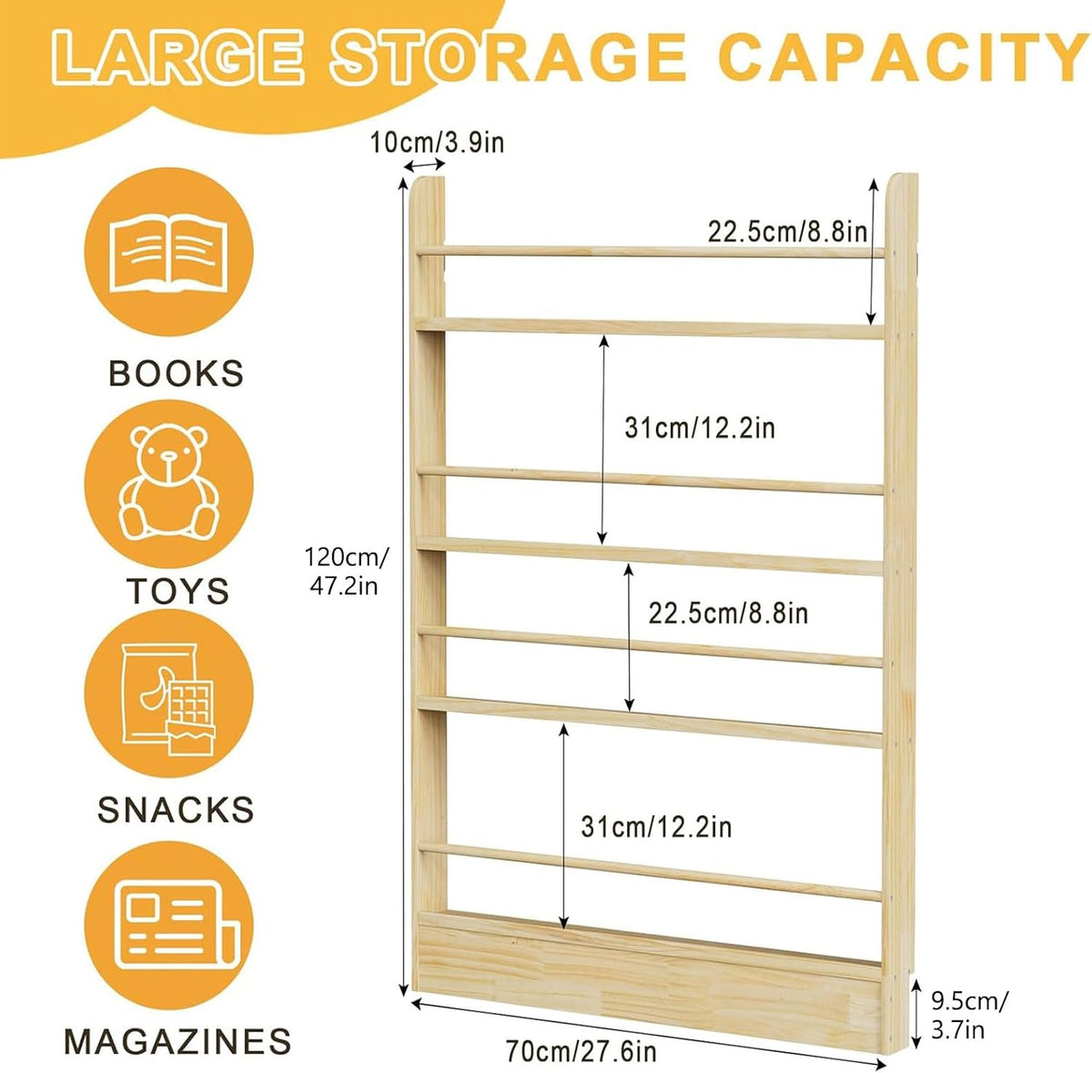Behind the Door Bookshelf, Wooden Kids Bookshelf 6-Tier Organizer