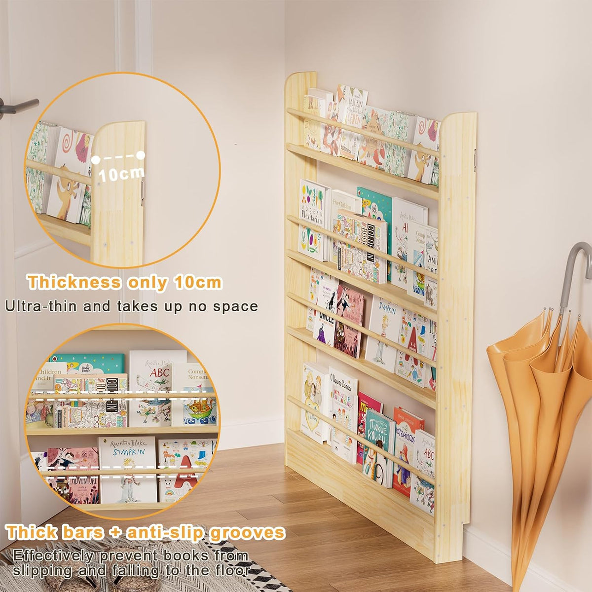 Behind the Door Bookshelf, Wooden Kids Bookshelf 6-Tier Organizer