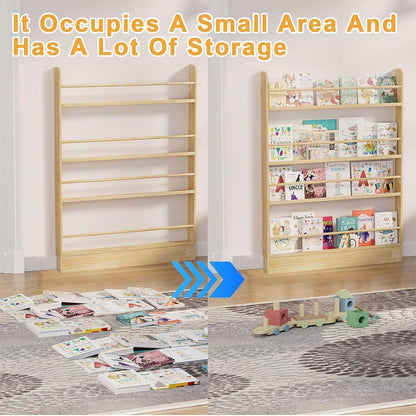 Behind the Door Bookshelf, Wooden Kids Bookshelf 6-Tier Organizer
