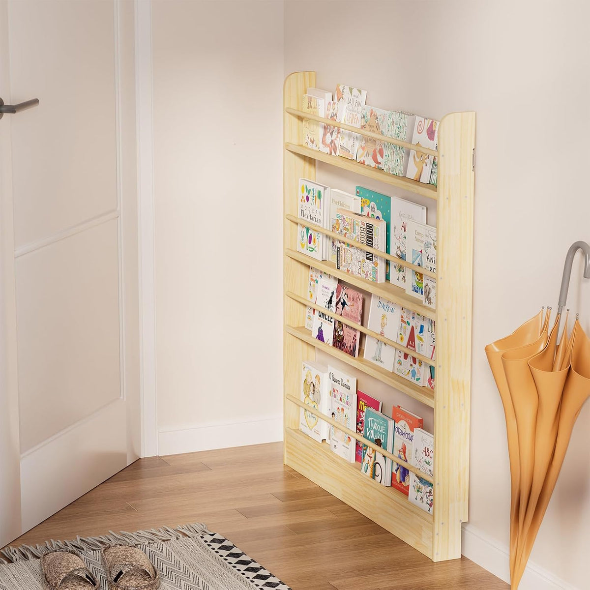 Behind the Door Bookshelf, Wooden Kids Bookshelf 6-Tier Organizer