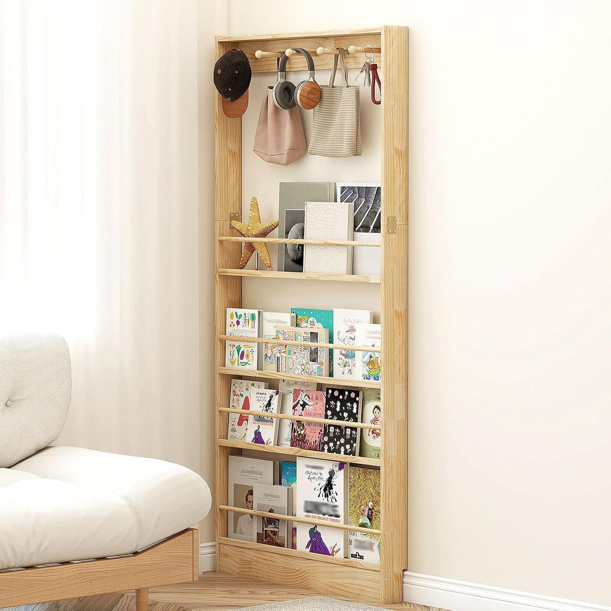 Behind the Door Bookshelf, Wooden Kids Bookshelf 6-Tier Organizer
