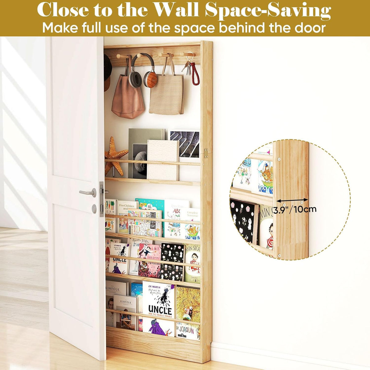 Behind the Door Bookshelf, Wooden Kids Bookshelf 6-Tier Organizer