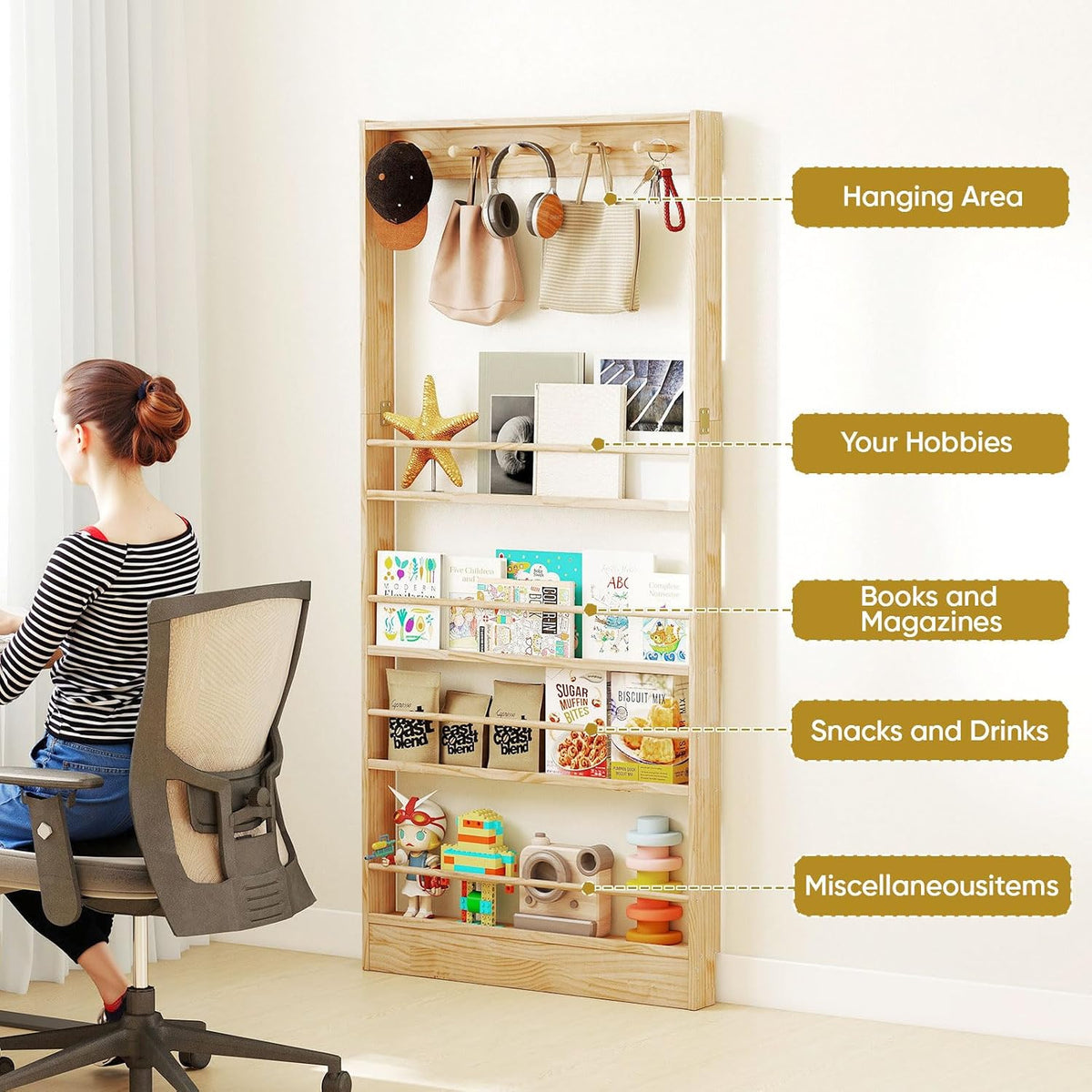 Behind the Door Bookshelf, Wooden Kids Bookshelf 6-Tier Organizer
