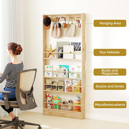Behind the Door Bookshelf, Wooden Kids Bookshelf 6-Tier Organizer