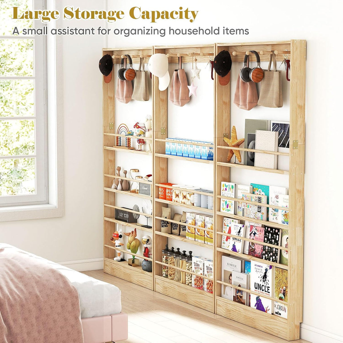 Behind the Door Bookshelf, Wooden Kids Bookshelf 6-Tier Organizer