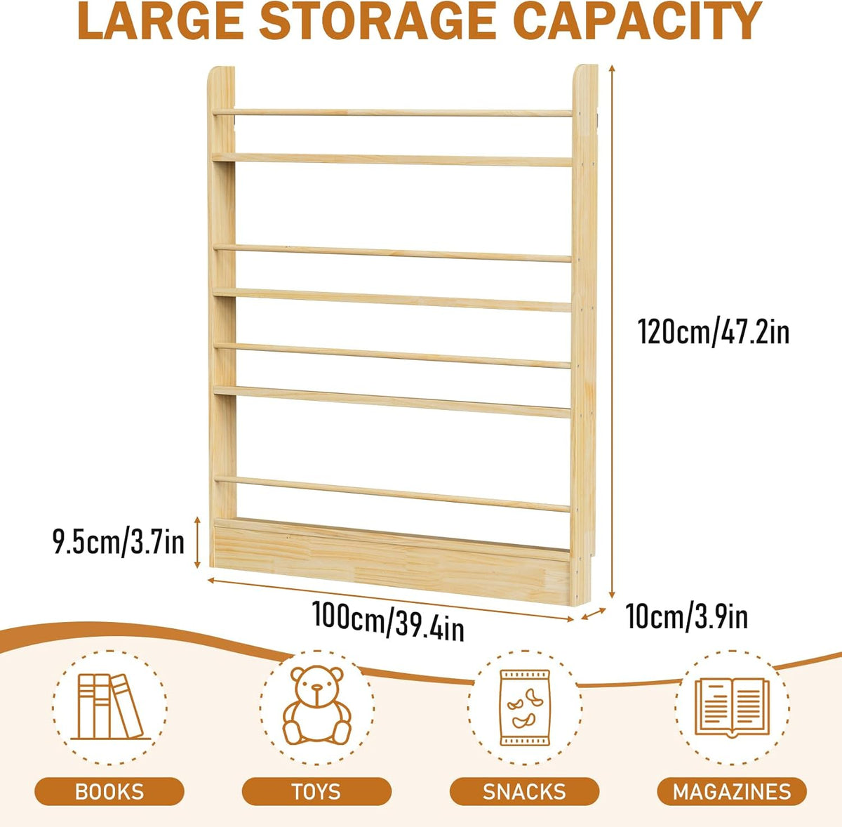 Behind the Door Bookshelf, Wooden Kids Bookshelf 6-Tier Organizer