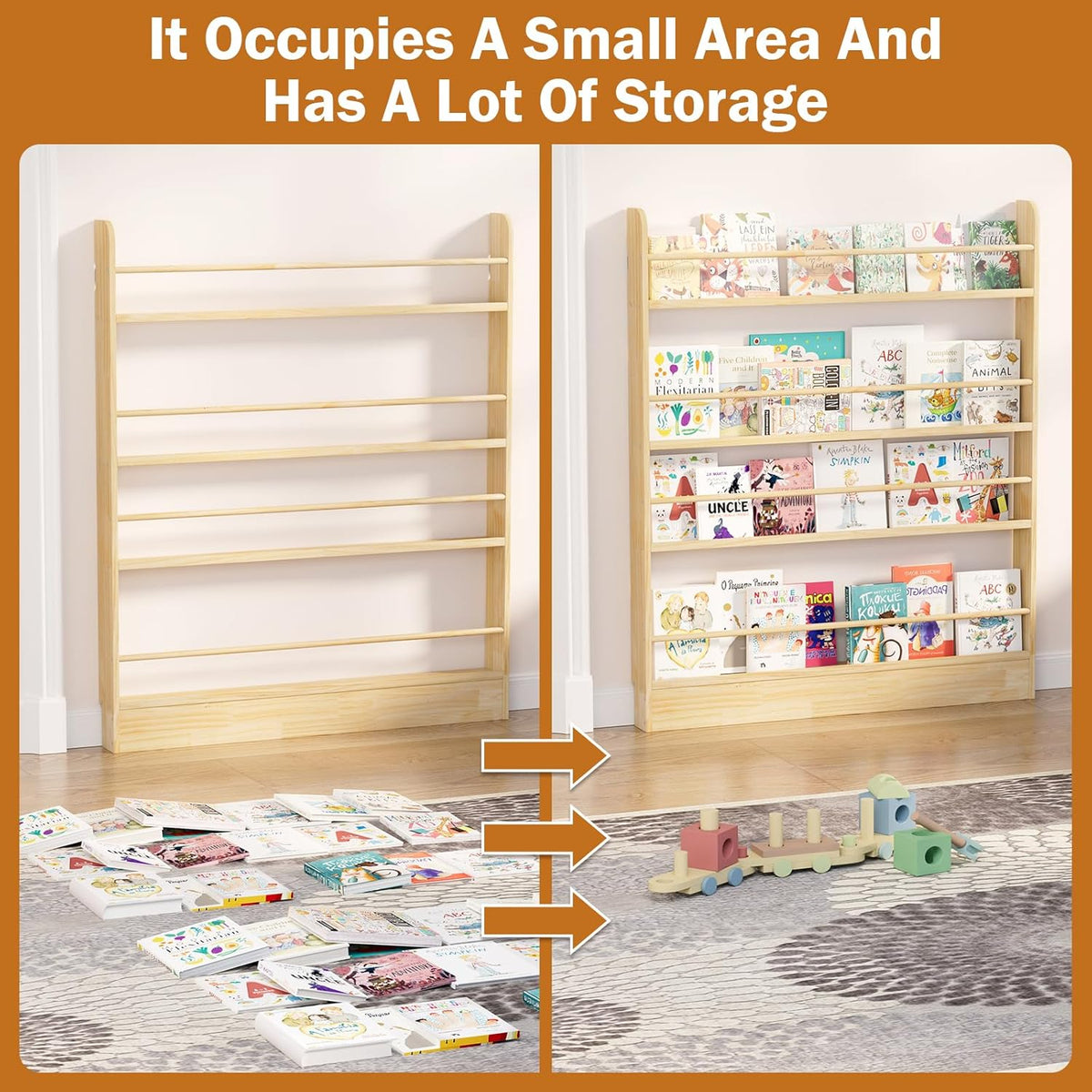 Behind the Door Bookshelf, Wooden Kids Bookshelf 6-Tier Organizer
