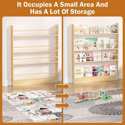 Behind the Door Bookshelf, Wooden Kids Bookshelf 6-Tier Organizer