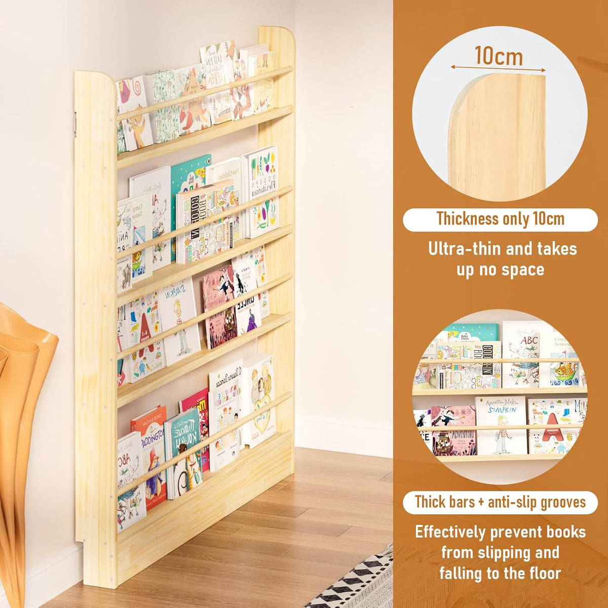 Behind the Door Bookshelf, Wooden Kids Bookshelf 6-Tier Organizer