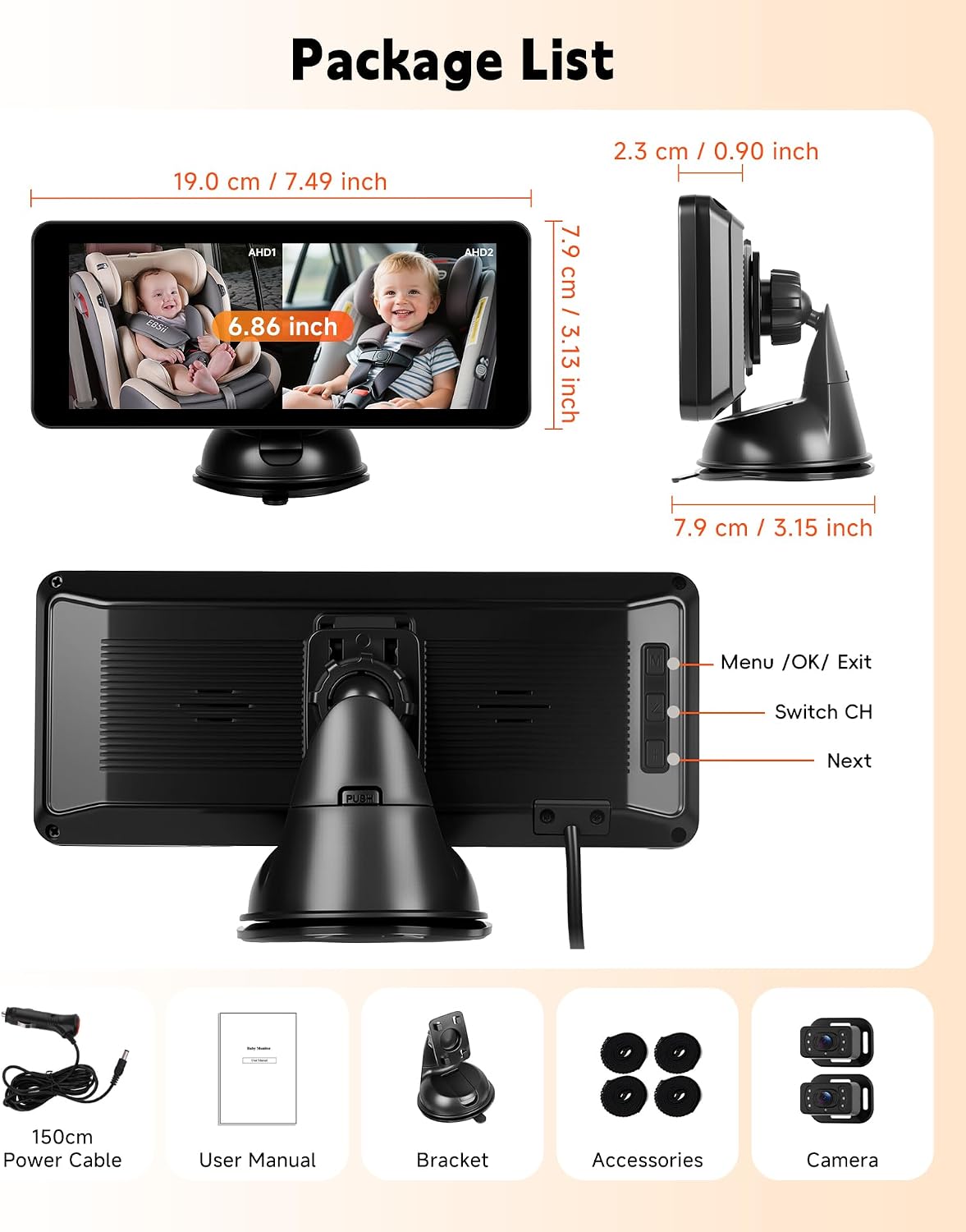 6.86'' Baby Car Camera for Seat HD Bual Rear Facing