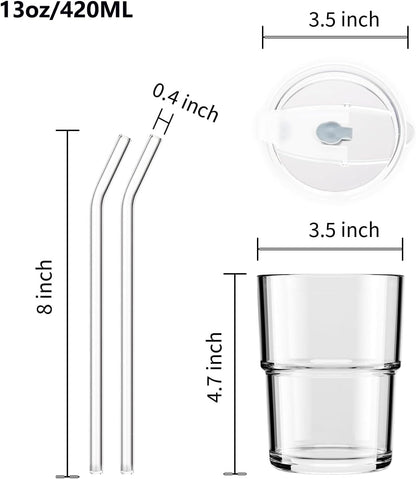 13oz Glass Tumbler with Straw and Lid Sealed, Carry On Reusable Iced Coffee Cups,Thick Wall Glass Coffee Drinking Glassware Cups