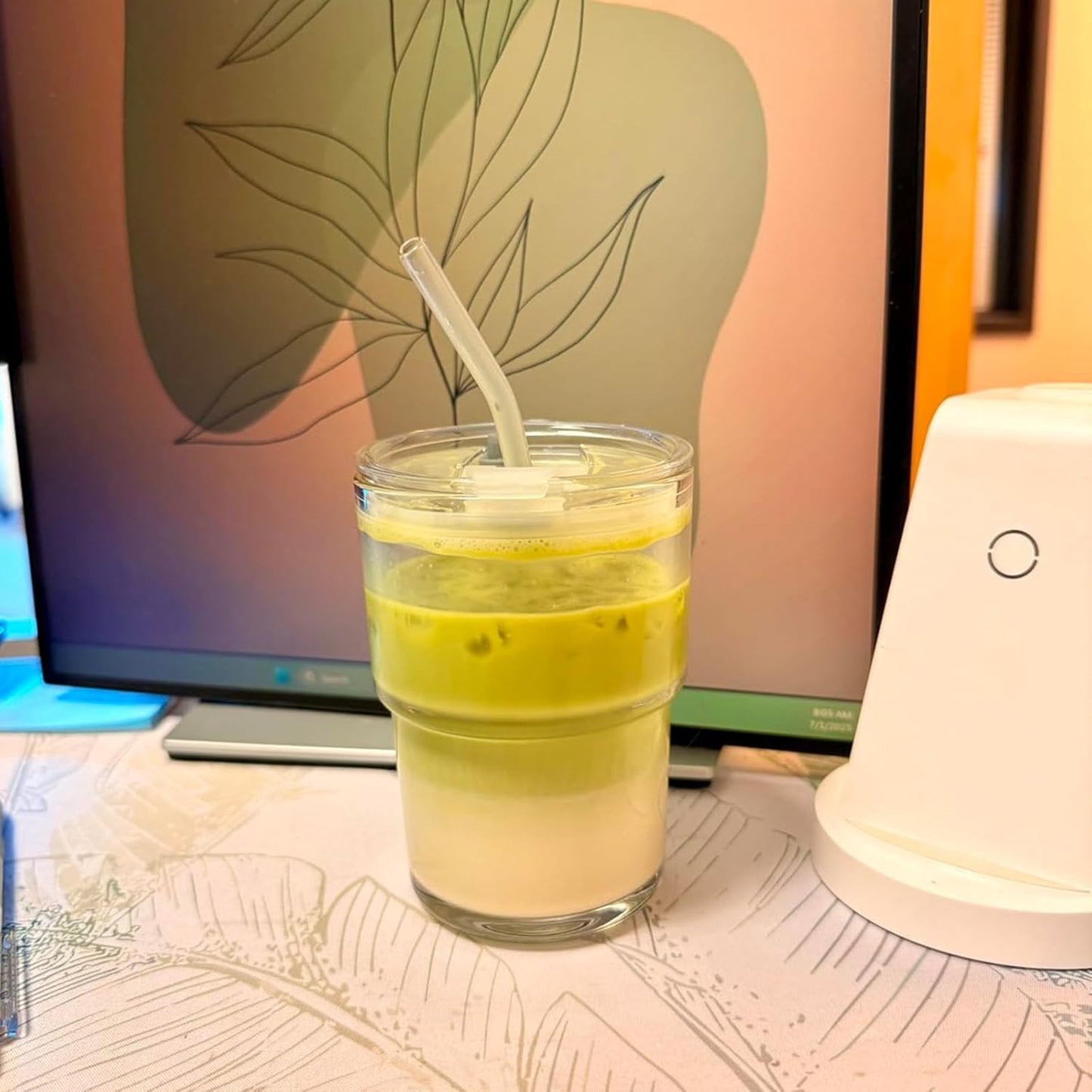 13oz Glass Tumbler with Straw and Lid Sealed, Carry On Reusable Iced Coffee Cups,Thick Wall Glass Coffee Drinking Glassware Cups