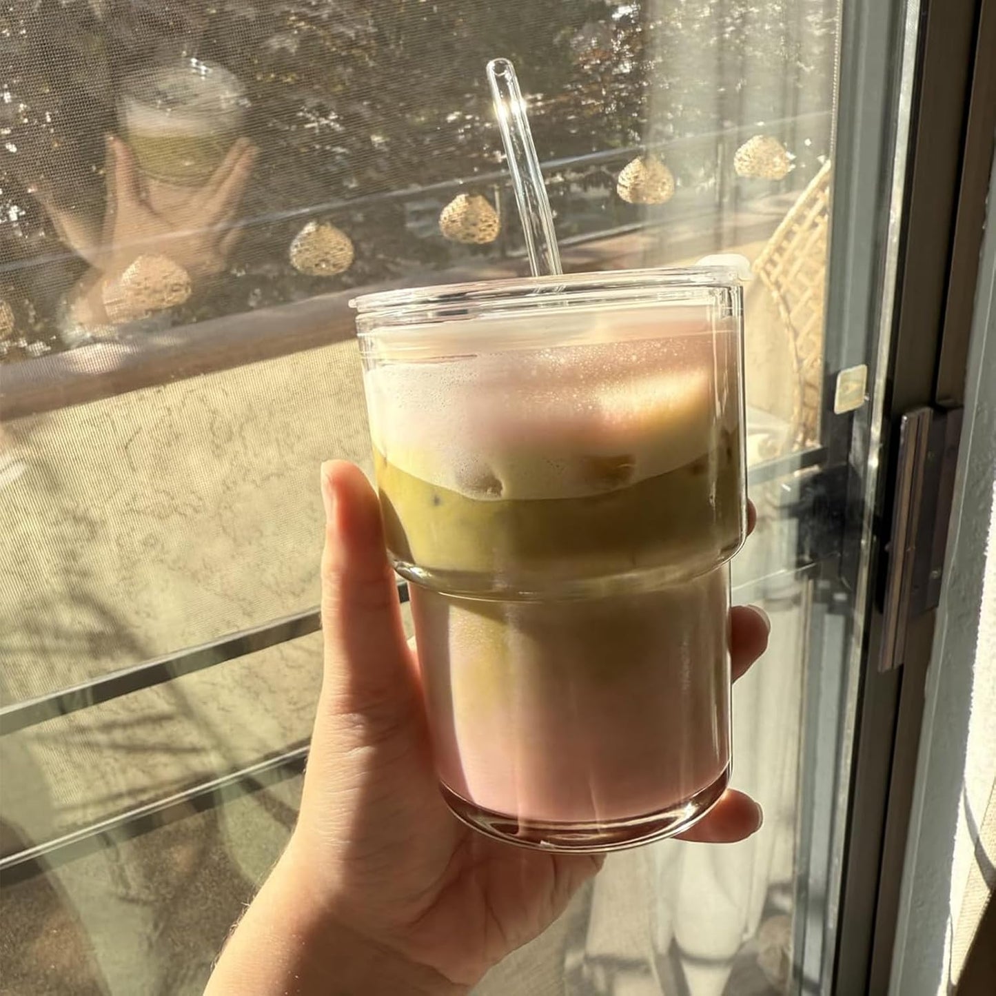 13oz Glass Tumbler with Straw and Lid Sealed, Carry On Reusable Iced Coffee Cups,Thick Wall Glass Coffee Drinking Glassware Cups