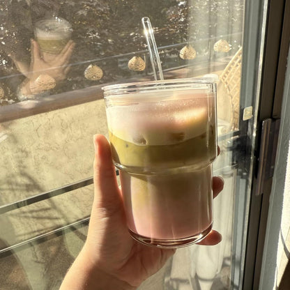 13oz Glass Tumbler with Straw and Lid Sealed, Carry On Reusable Iced Coffee Cups,Thick Wall Glass Coffee Drinking Glassware Cups