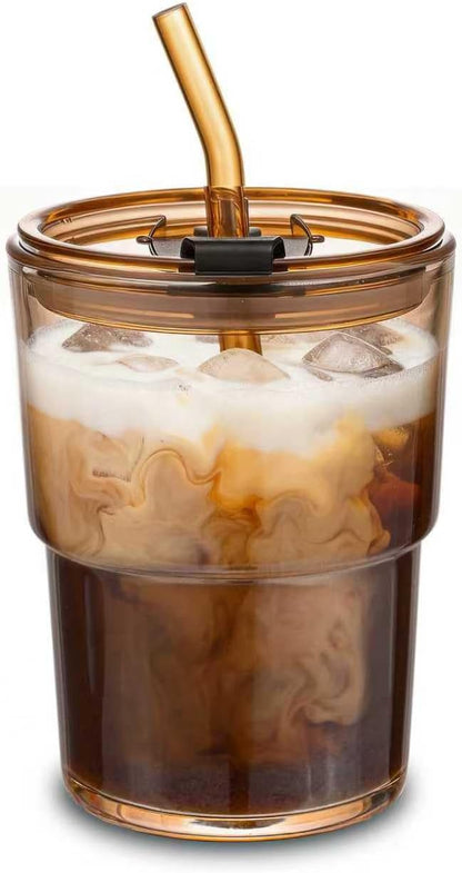 13oz Glass Tumbler with Straw and Lid Sealed, Carry On Reusable Iced Coffee Cups,Thick Wall Glass Coffee Drinking Glassware Cups