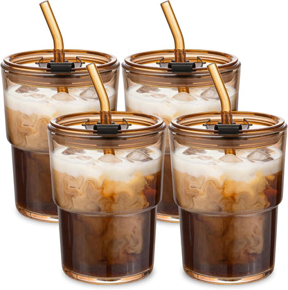 13oz Glass Tumbler with Straw and Lid Sealed, Carry On Reusable Iced Coffee Cups,Thick Wall Glass Coffee Drinking Glassware Cups