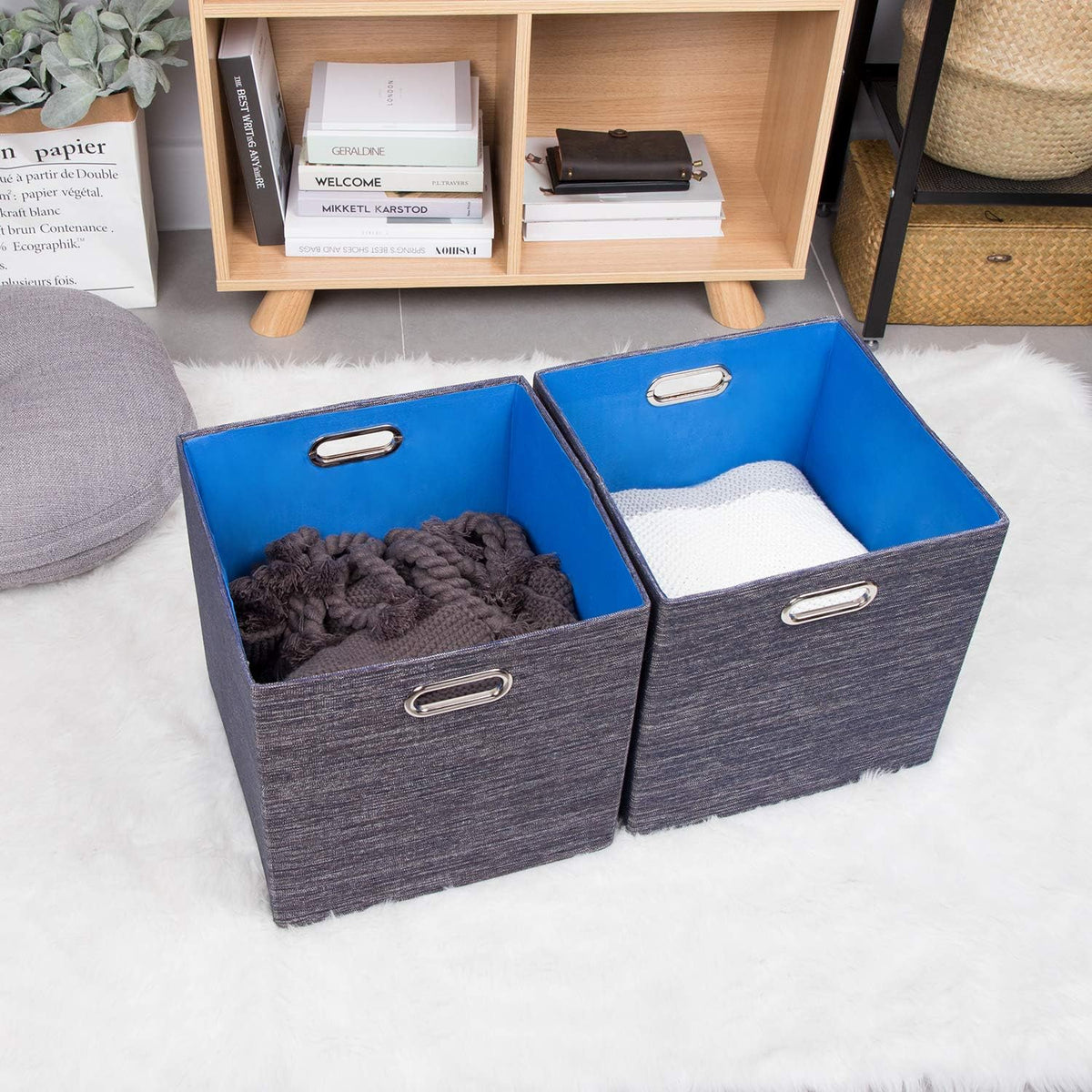 Collapsible Storage Bins,13×13 Foldable Storage Cube Boxes Fabric Drawer Fabric Storage Bins Vinyl Record Light Coffee, 4 Pack